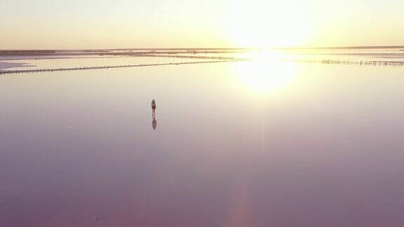 风景鸟瞰图的女人走在粉红色的盐湖