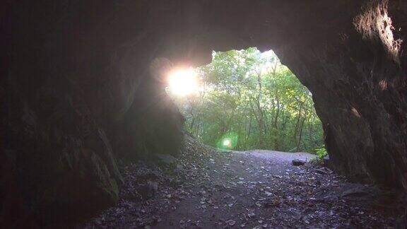 从洞穴向阳光森林望去天然地下隧道中的岩石阳光照射