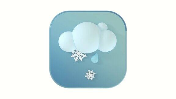 3D云图标雨滴和雪花在白色背景上的灰色按钮平滑的4K动画周期动画天气图标