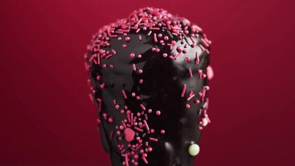 巧克力冰淇淋蛋卷在红色背景上旋转特写美味的自制咖啡冰淇淋上面点缀着巧克力和彩色的糖屑