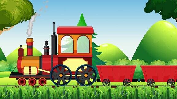 卡通火车动画场景火车在美丽的森林里行驶