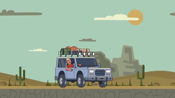 在车顶上放着行李的动画车和在方向盘后面微笑的家伙穿过峡谷沙漠移动车辆上的山地景观背景平面动画