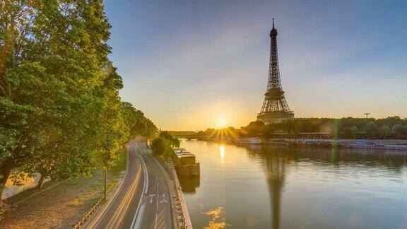埃菲尔铁塔和日出时的塞纳河巴黎法国