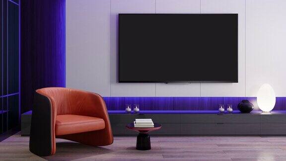 RGB灯光黄、蓝、粉、红快速循环-电视房现代极简主义的室内设计8K电视