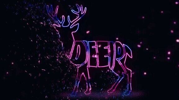 以鹿的形状书写的带有霓虹灯效果的4K文字动画视频动物文字轮廓具有霓虹灯效果和解体效果