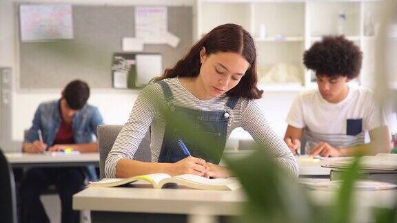 快乐的女学生在课堂上看着摄像机