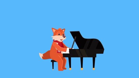 卡通小狐狸扁平圣诞人物音乐钢琴演奏动画包括LumaMatte