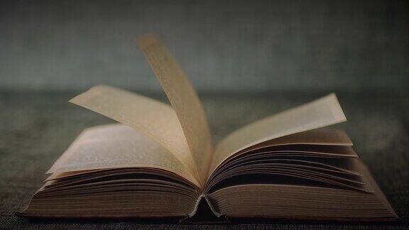 黑暗的房间里翻开的旧书的书页在风中飞舞慢动作