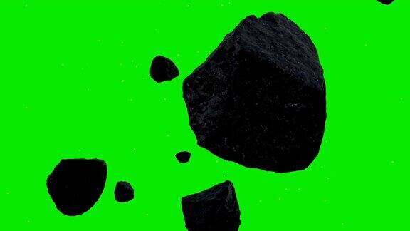 在绿色屏幕背景的太空中盘旋的小行星