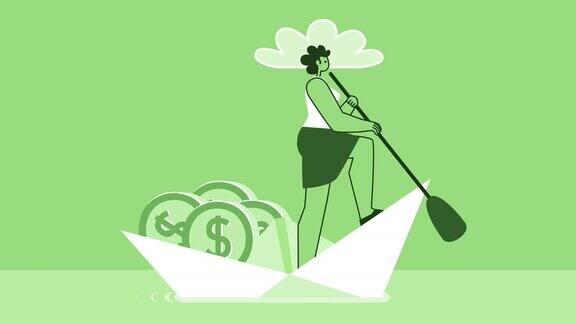 绿色风格的女人平字符航行纸船与美元硬币孤立的循环动画与Alpha频道