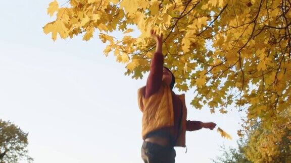 小男孩在公园里享受晴朗的秋日