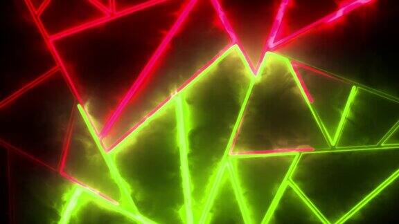 4K动画的三角形霓虹灯迷宫霓虹灯在反射中舞蹈着美妙的充满活力的色彩