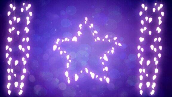 紫色背景上闪烁的星星和一串串的仙女灯