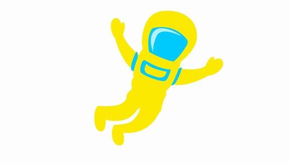 动画可爱的黄色宇航员在零重力宇航员在失重状态下飞行矢量平面插图隔离在白色背景上