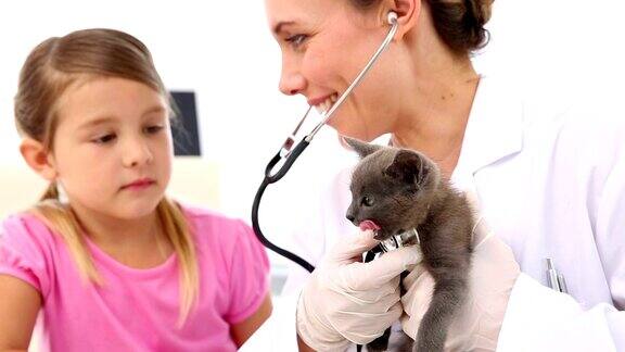 小女孩看着兽医检查她的小猫