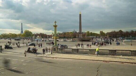 巴黎协和广场卢克索方尖碑包括埃菲尔铁塔和香榭丽舍大道-Élysées-4k延时