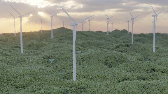 山上的风力发电机清洁能源3d动画4k