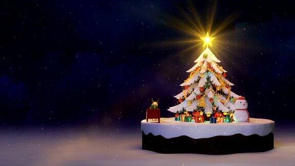 圣诞树背景装饰圣诞树与礼盒和圣诞老人快乐和鹿动画抽象圣诞礼物问候明信片4k循环
