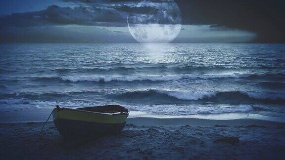 孤独的船在海边的夜晚大月亮映在水里美丽的幻想孤独的象征旅行视觉循环
