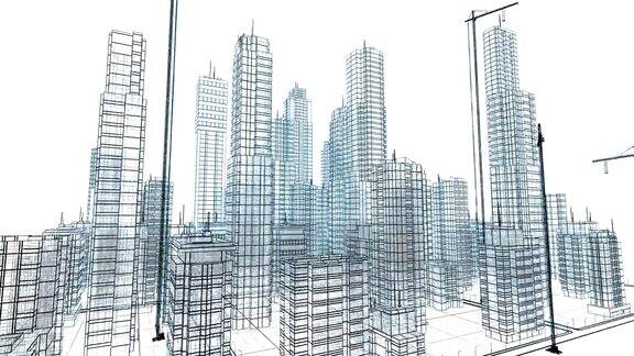 现代建筑起重机和建筑的美丽3d蓝图飞越成长中的城市抽象的3d动画ConstructionBusinessandTechnologyConcept.4kUHD3840x2160