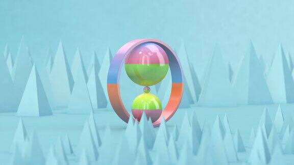 彩球和滚圈蓝色背景渐变颜色抽象动画3d渲染