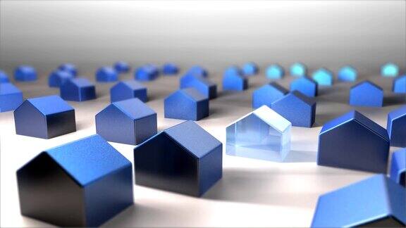 3D蓝色住宅概念与单一的玻璃房子