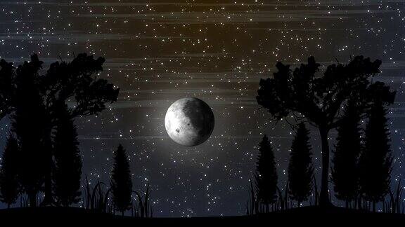 树和发光的星星闪烁动画在夜晚与月亮月亮升起森林观看动画视频与闪烁的星星星空在夜晚星星的背景在夜晚被美丽的树木包围