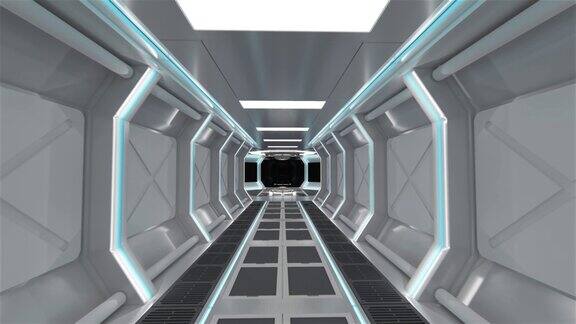 3D电脑游戏科幻小说飞船内部发光霓虹灯未来走廊在空间站与圆形背景三维渲染