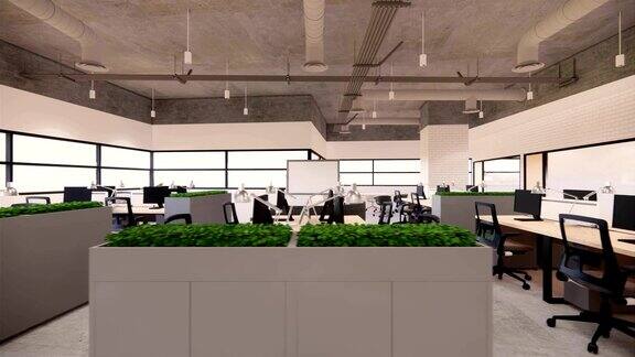 室内空现代阁楼办公室开放空间现代办公室镜头现代开放式概念大堂及接待区会议室设计4k.Rendering3d