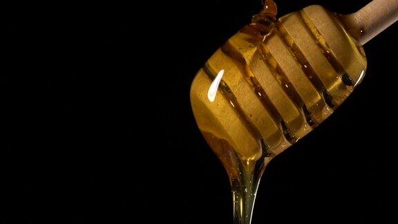 (慢镜头)蜂蜜从一个带有拷贝空间的木制蜂蜜勺中流出