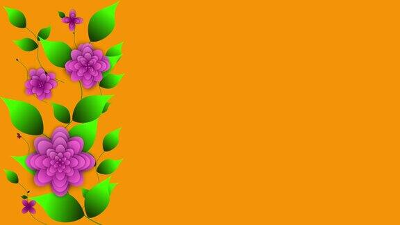 动画横幅设计与复制空间朵朵粉红色的花和绿色的叶子在橙色的背景植物进化卡通