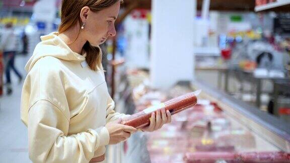 镜头女子在超市买香肠