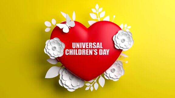 世界儿童日概念与鲜花和心形在黄色的背景