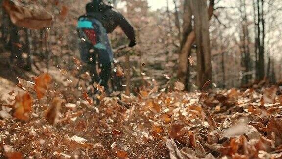 速度坡道山地摩托车造成树叶飞到空中的森林小径
