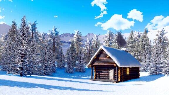 晴朗的冬日里舒适的被雪封住的山间小屋