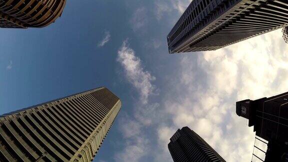 从一辆行驶的汽车上可以看到东京晴朗的天空和摩天大楼