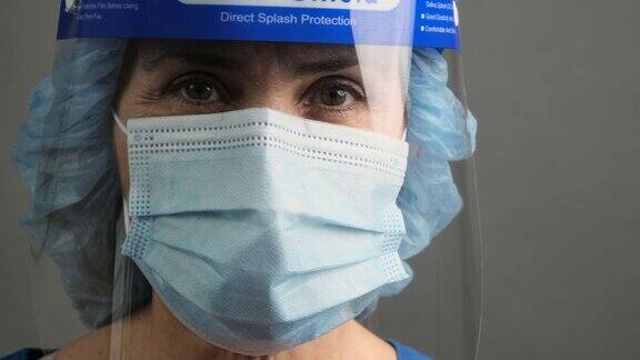 疲惫不堪、劳累过度、精疲力竭的医护人员戴着口罩和面罩看着镜头摆姿势
