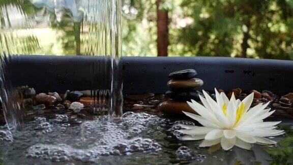 水在平衡石和白色睡莲花附近下落的慢动作
