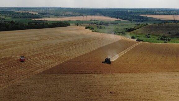 乌克兰马里乌波尔田里的联合收割机的航拍照片在麦田里工作的收割机联合农机收获金黄成熟的麦田