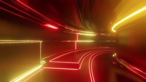 带有霓虹灯的4k环形抽象高科技隧道摄像机穿越隧道霓虹灯闪烁科幻红橙色背景赛博朋克风格或高科技未来3.