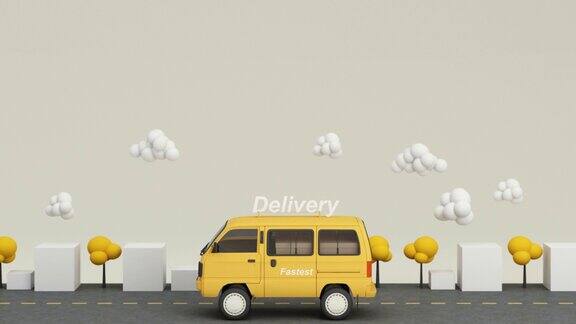 电子商务概念移动应用上的送货服务道路上的货车和卡车送货房屋盒、树和云低多边形黄色调3d渲染动画