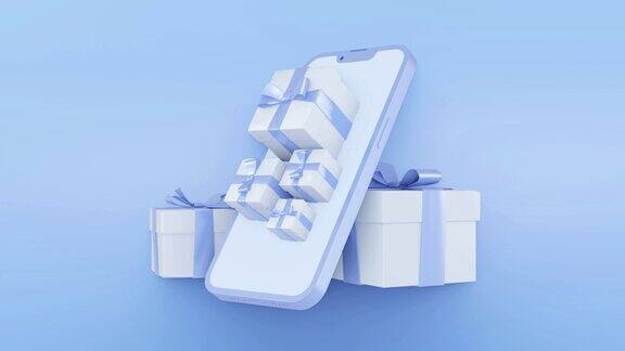 手机和礼物的循环动画3d渲染蓝色背景-斯托克视频
