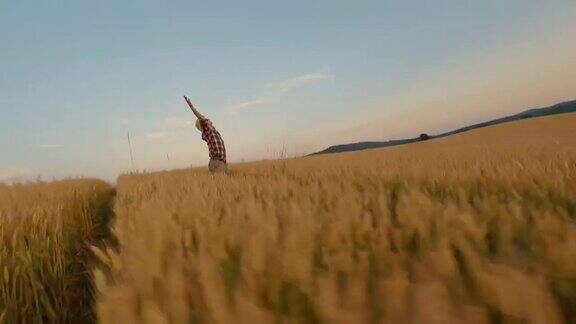 日落时分一名欣喜若狂的农民在麦田里向天空举起双臂