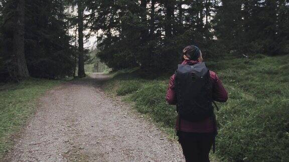 独自在多洛米特森林徒步旅行的女人