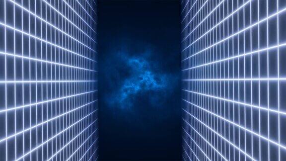 抽象的蓝色能量网格漩涡隧道的线条在屏幕的顶部和底部神奇明亮的发光未来的高科技背景