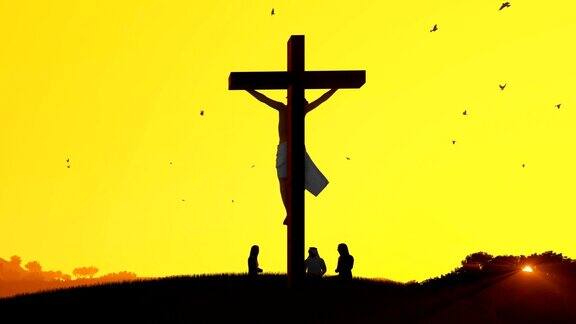 耶稣在十字架上和敬拜者对着炎热的日落祈祷淘金
