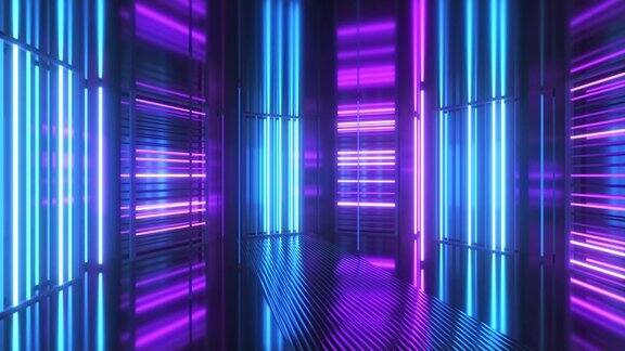 金属房间里明亮的霓虹灯现代荧光灯蓝紫色氖光谱无缝循环的3d动画