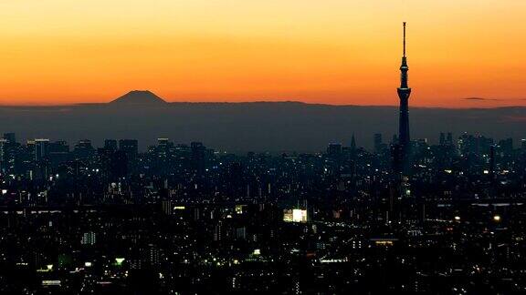 时间流逝东京和富士山从白天到晚上日落