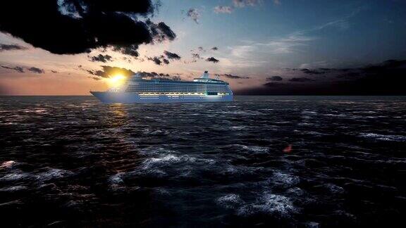 日落时分一艘豪华游轮从港口驶过海湾