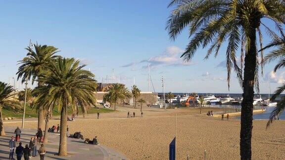 巴塞罗那城市白天光海滩部分4k西班牙